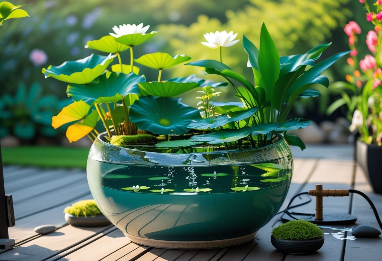 A container water garden with green aquatic plants and clear water on a wooden deck surrounded by garden elements.