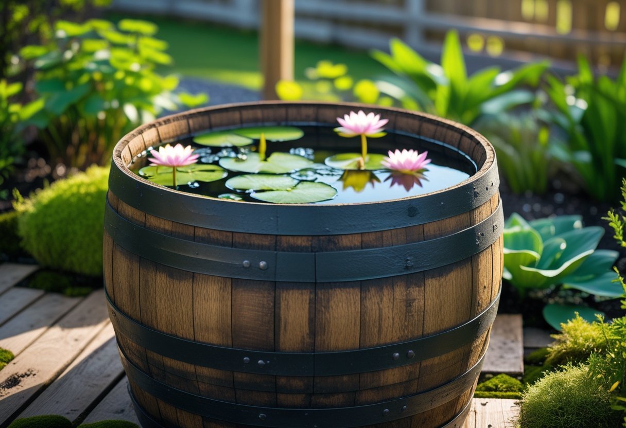 A whiskey barrel filled with water and aquatic plants, set outdoors in a garden surrounded by greenery.