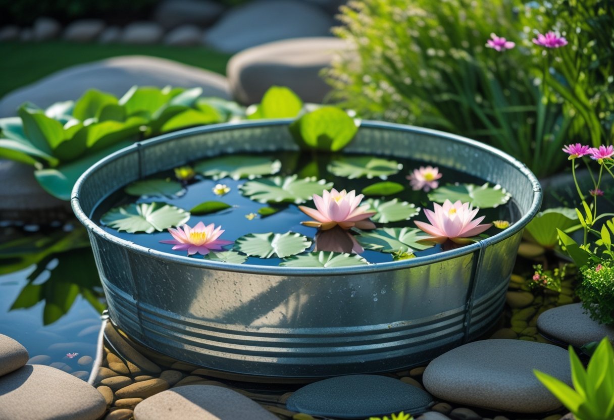 A galvanized metal tub filled with water and aquatic plants in a garden setting surrounded by greenery and flowers.