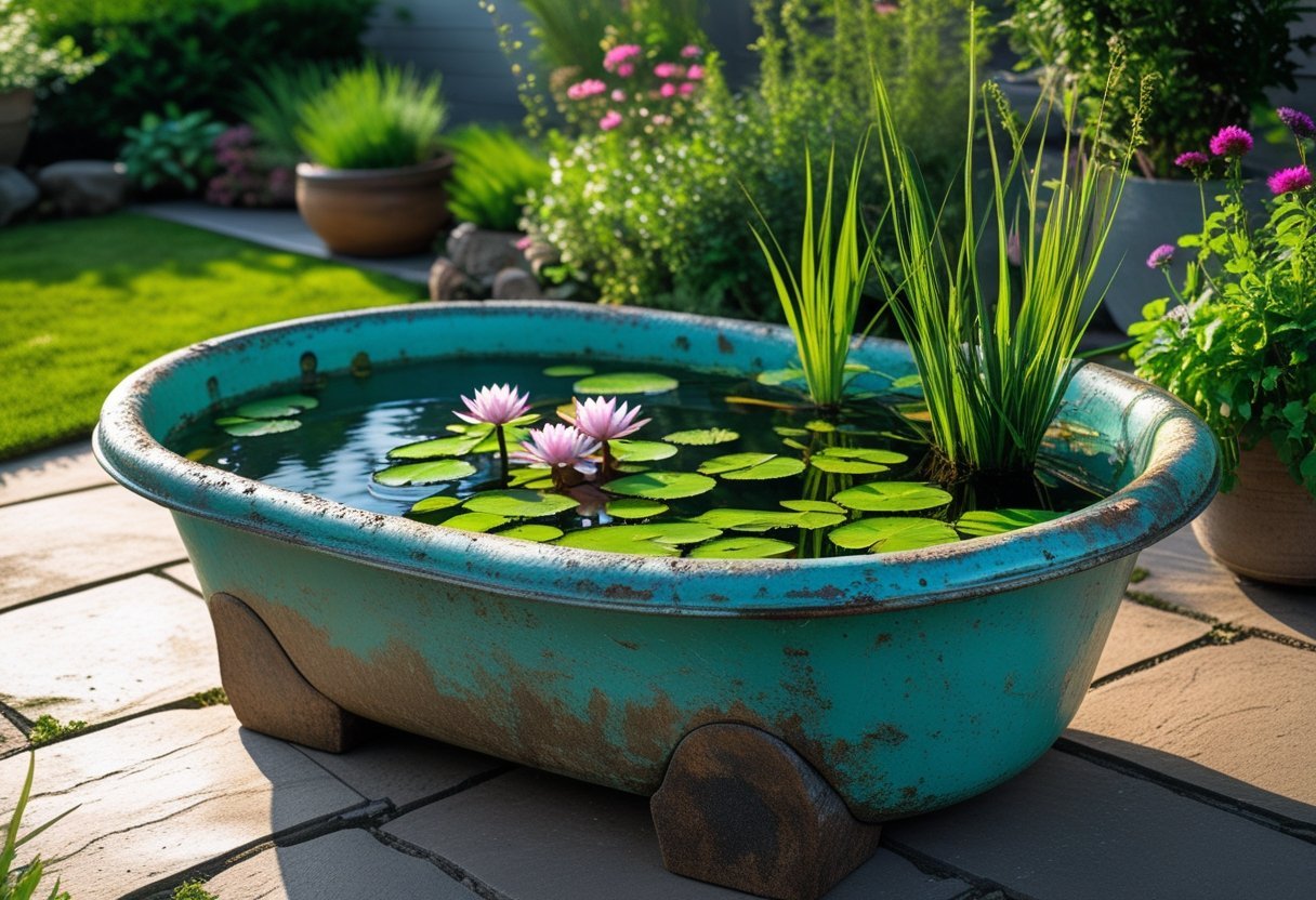A recycled bathtub repurposed as a pond container filled with water and aquatic plants, set outdoors in a garden surrounded by greenery and flowers.