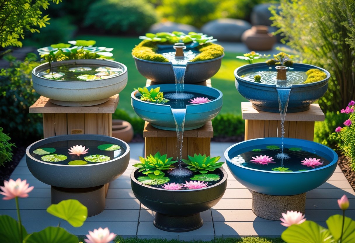 Five upcycled sinks transformed into water garden containers with aquatic plants and small water features arranged outdoors among greenery and flowers.