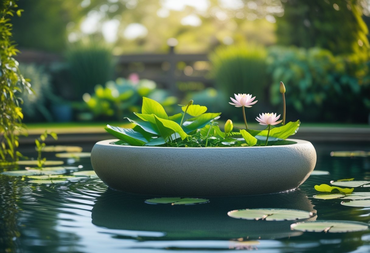 A floating stone bowl water garden container with aquatic plants and water lilies on a calm pond surrounded by greenery.