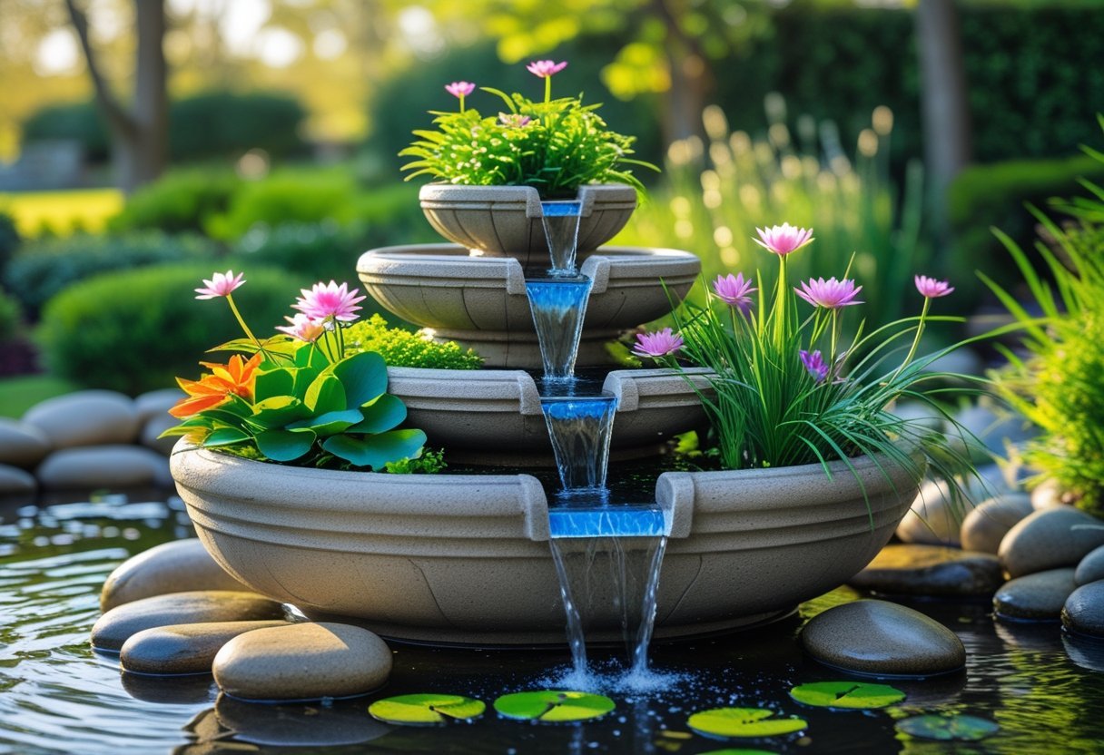 A tiered fountain planter with water cascading down multiple levels, surrounded by aquatic plants and garden greenery.