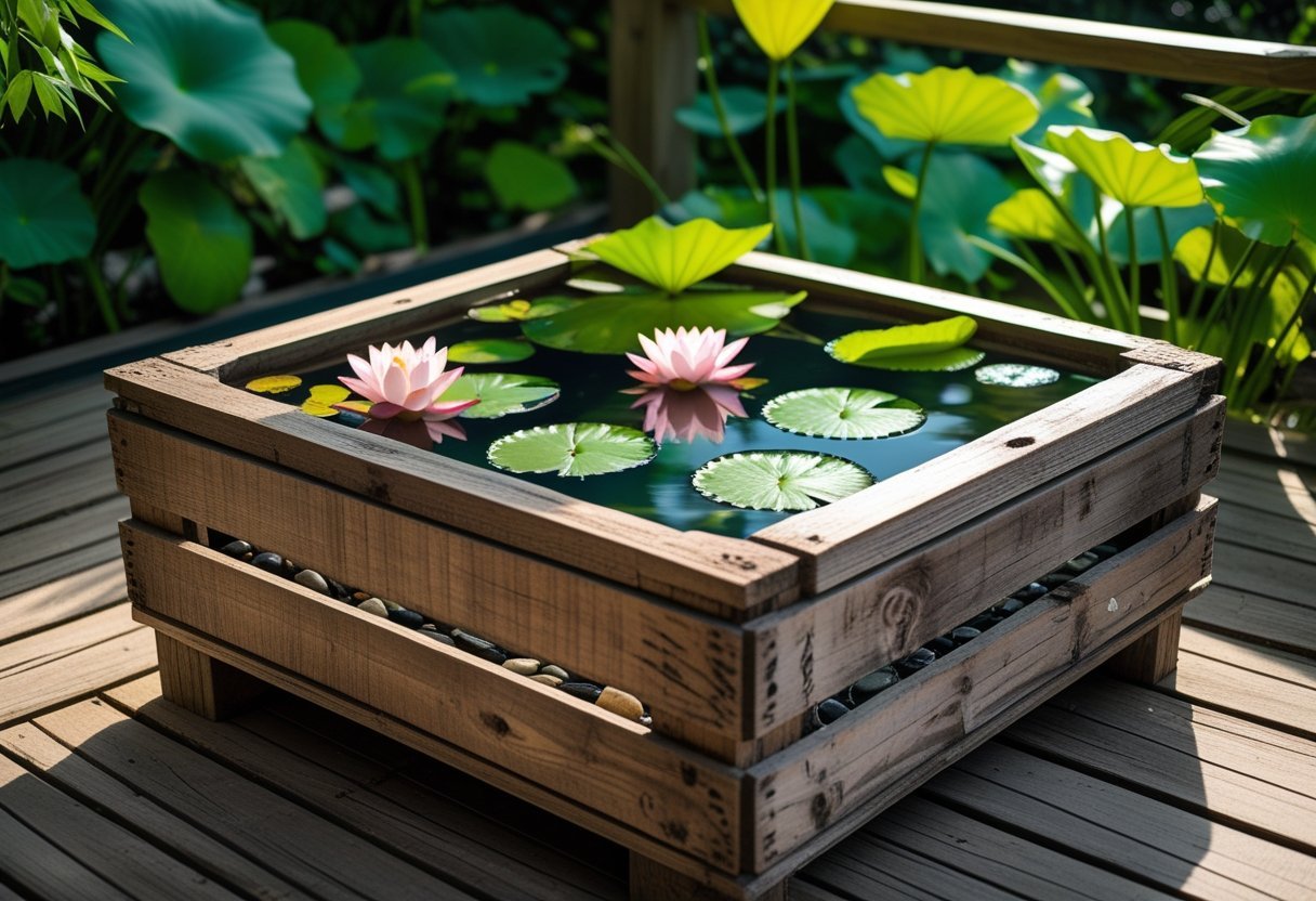 A wooden crate filled with water and aquatic plants, placed outdoors on a wooden deck surrounded by green plants.