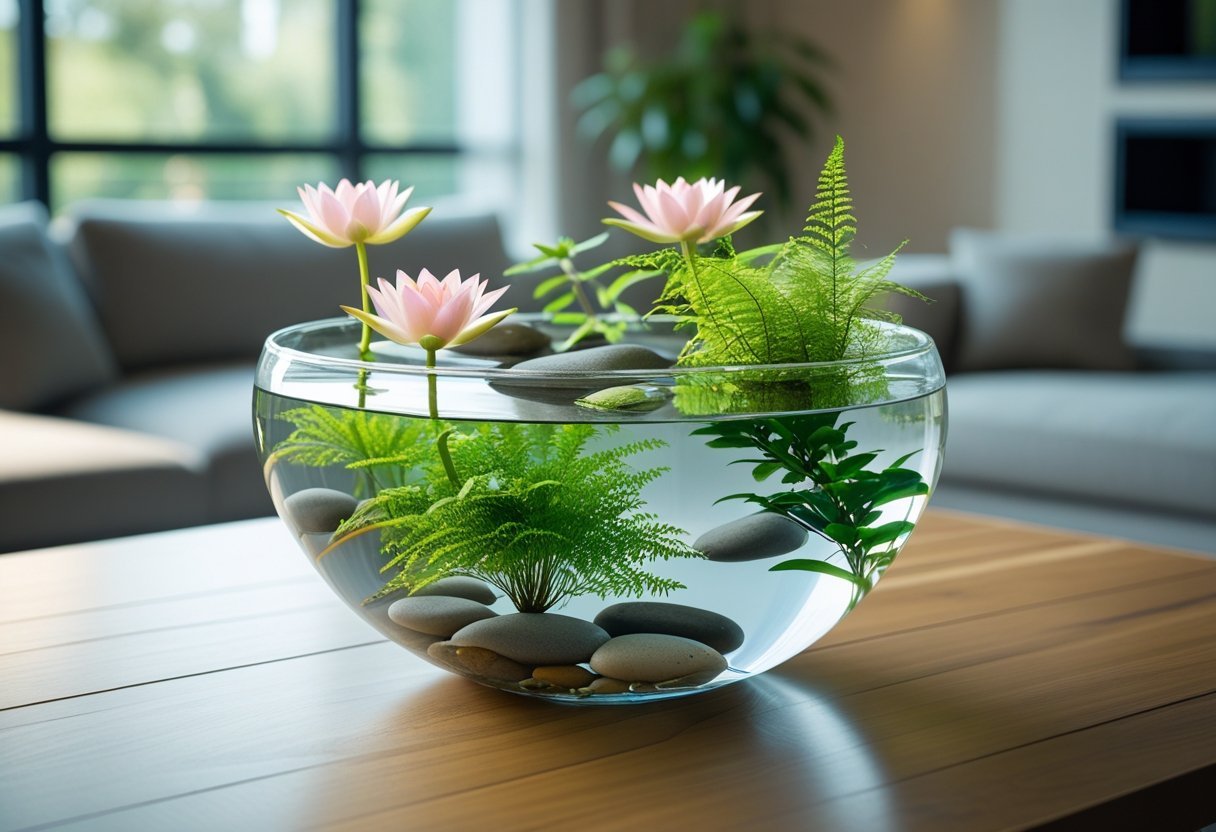 An indoor glass bowl water garden with aquatic plants and water lilies on a wooden table in a bright living room.