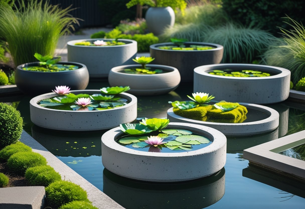 Ten concrete water garden planters filled with aquatic plants and clear water arranged in a peaceful outdoor garden.