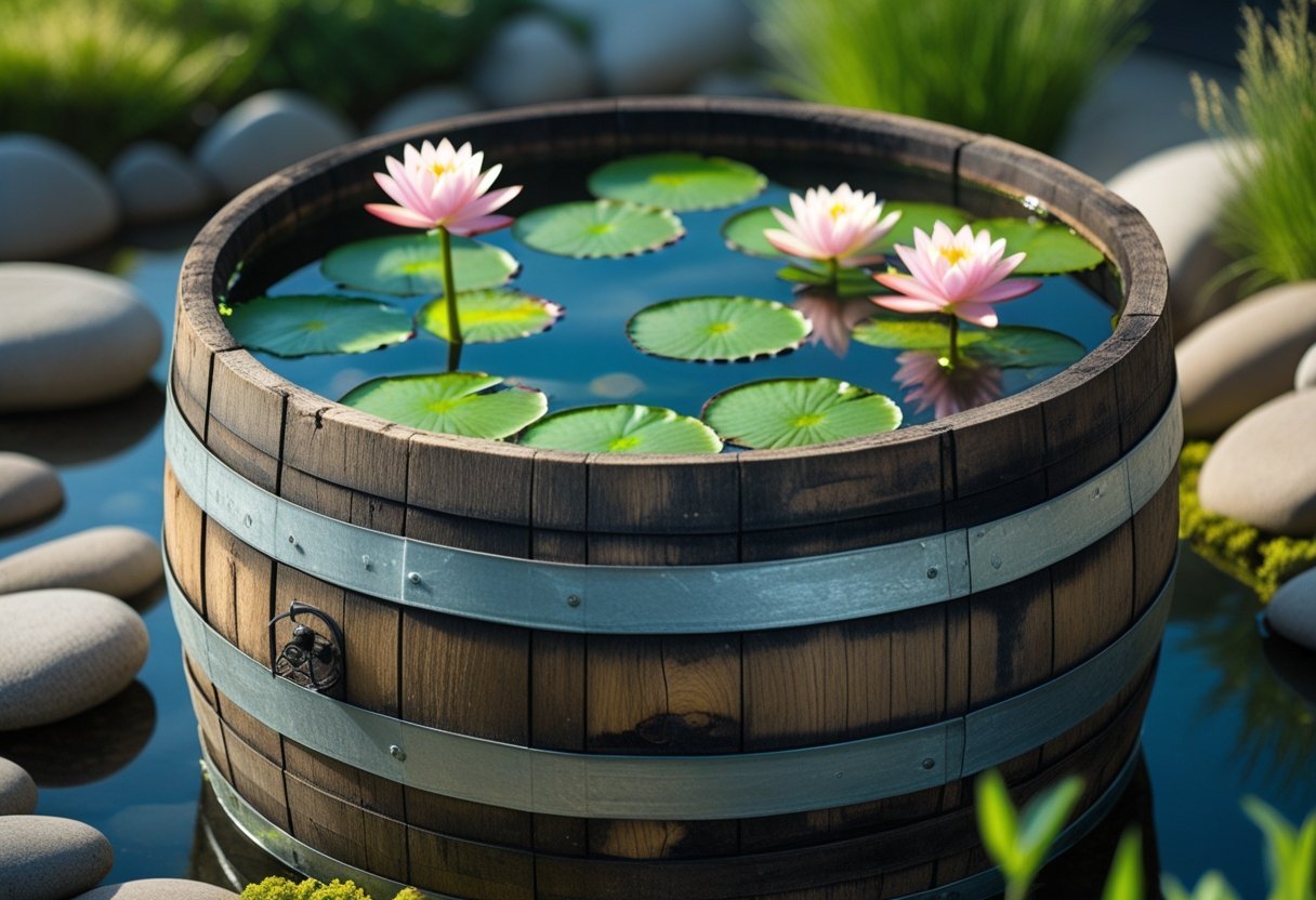 A wooden wine barrel filled with water, green lily pads, and blooming pink and white water lilies in an outdoor garden setting.