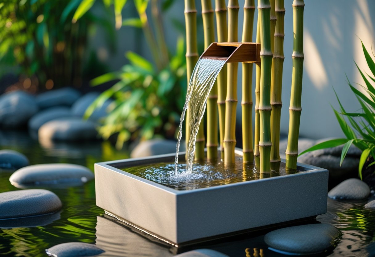 A bamboo water fountain with water flowing into a rectangular container surrounded by green plants and stones in a garden.