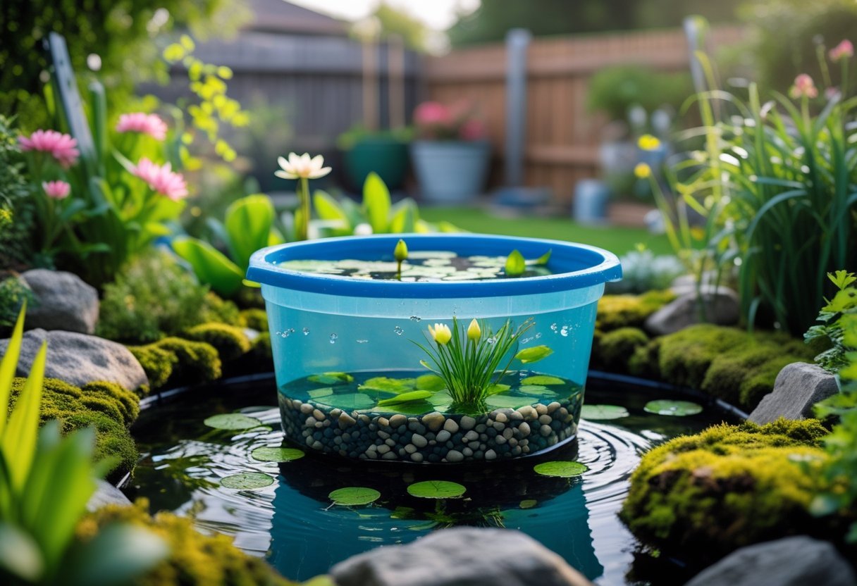 A small plastic storage bin filled with water, aquatic plants, and stones, set outdoors surrounded by garden plants and flowers.