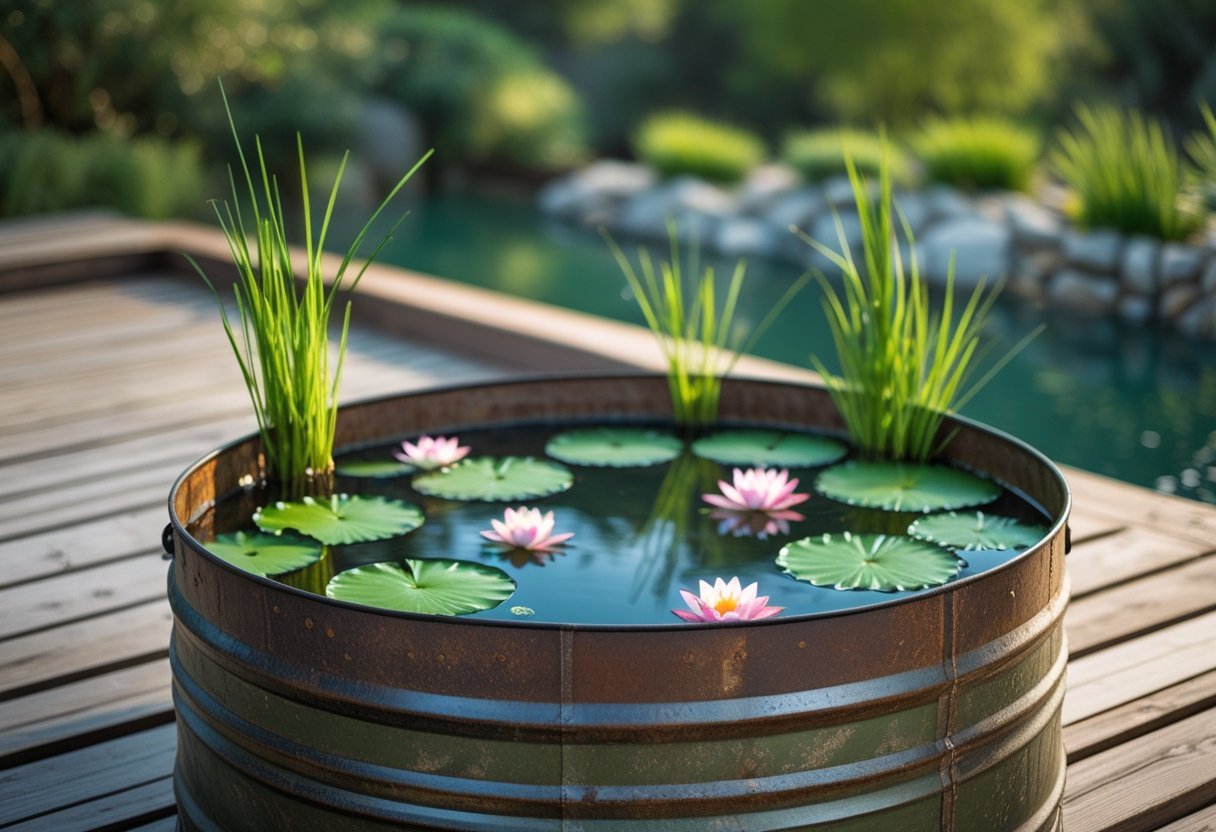 A half-cut metal drum filled with water, aquatic plants, and stones, placed outdoors in a garden setting.