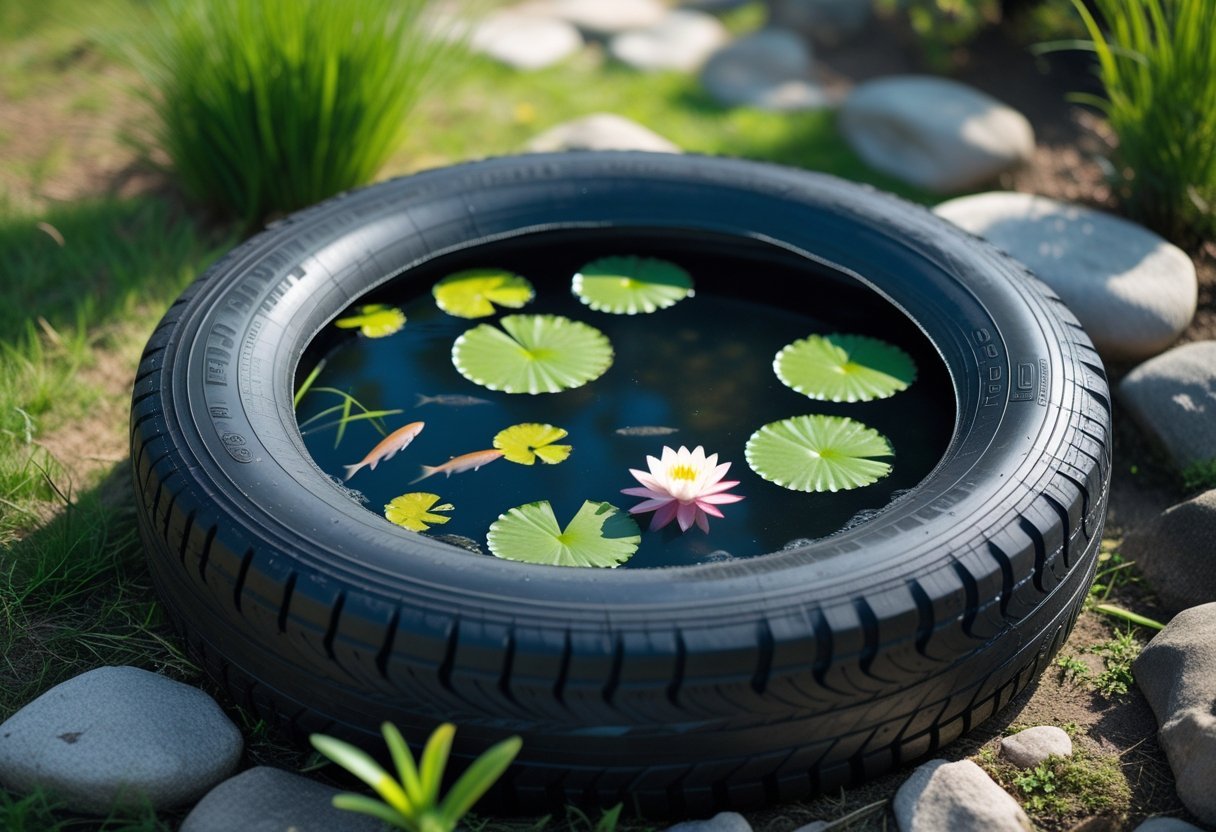 An old tire repurposed as a small water garden filled with aquatic plants and water, placed outdoors surrounded by grass and stones.