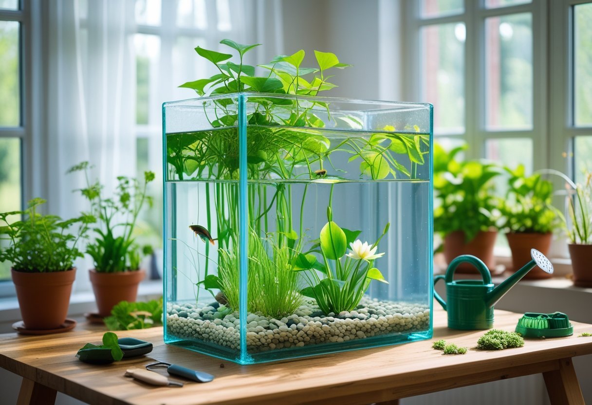 A glass fish tank repurposed as a water garden with aquatic plants and decorative stones on a wooden table indoors.