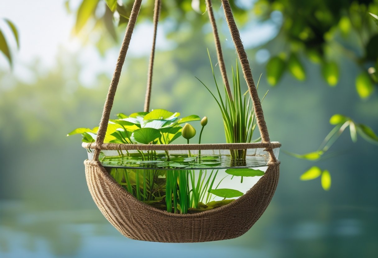 A hanging basket container filled with water and aquatic plants, suspended outdoors with greenery in the background.