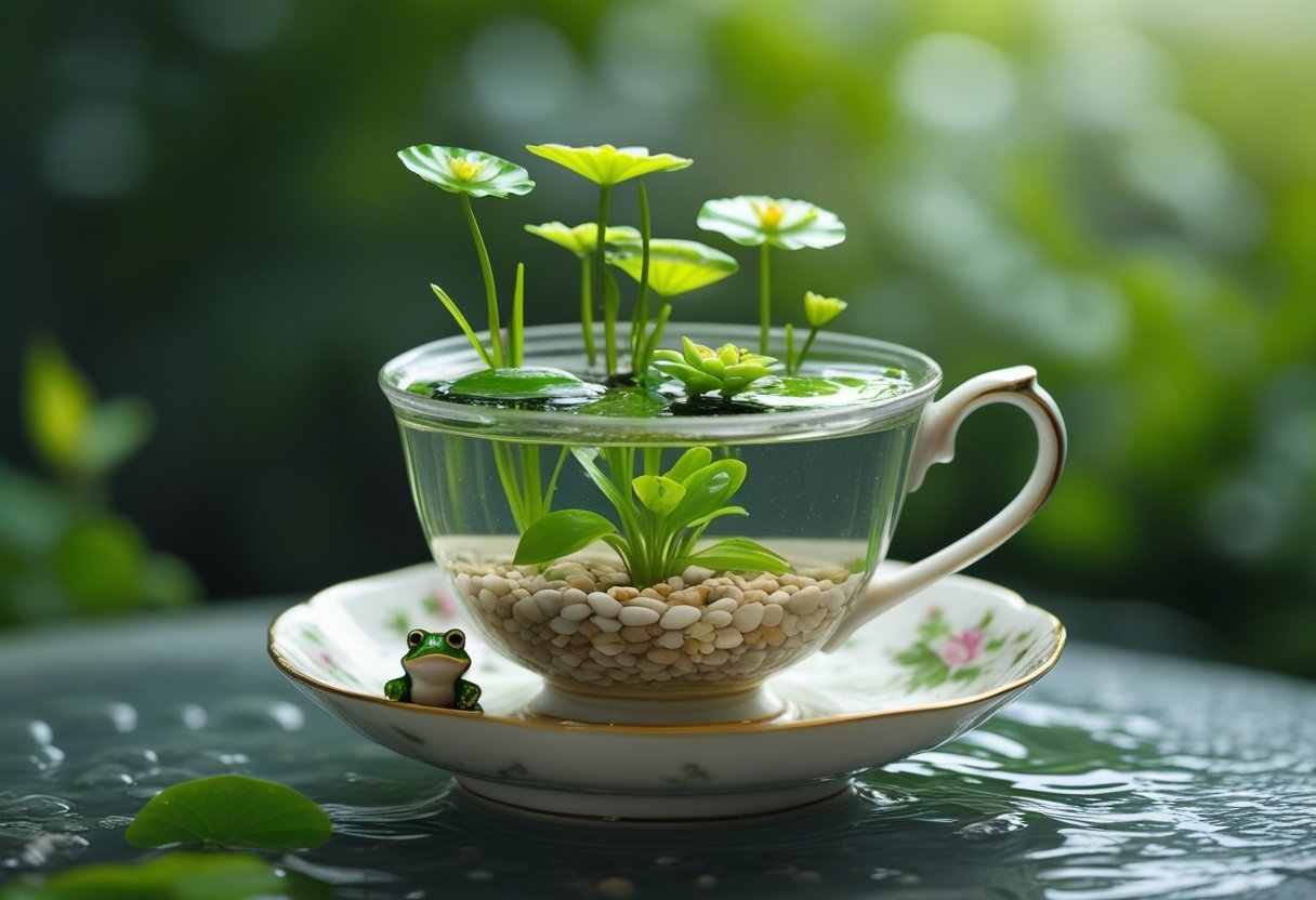 A small teacup filled with water, miniature aquatic plants, and pebbles creating a tiny water garden.