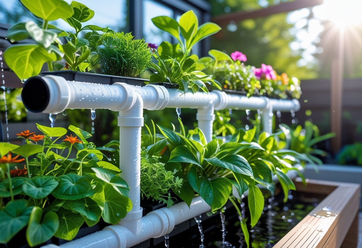 Vertical water garden made from white PVC pipes filled with green plants and colorful flowers outdoors.