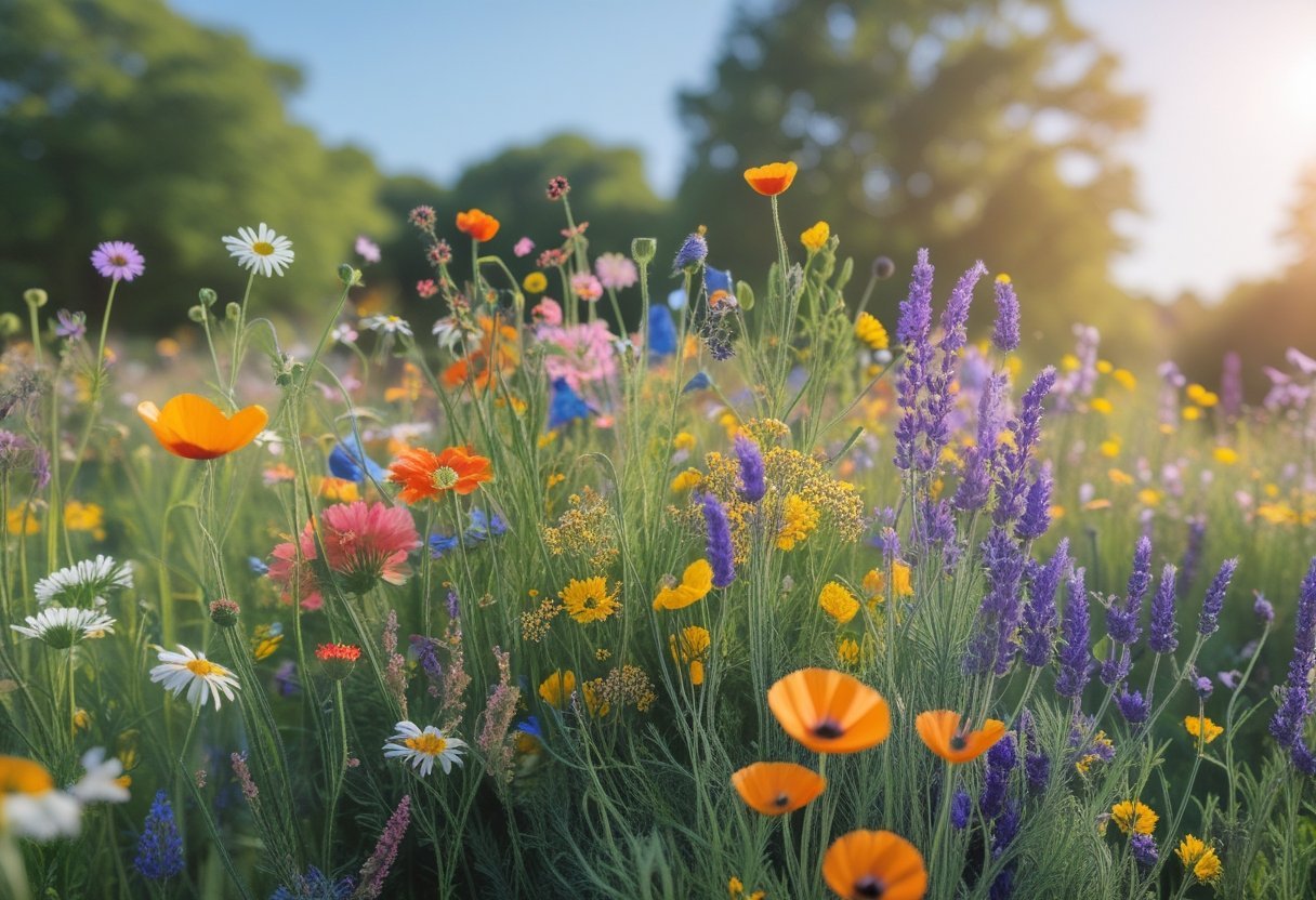 A colorful wildflower garden with various flowers blooming under a clear blue sky.