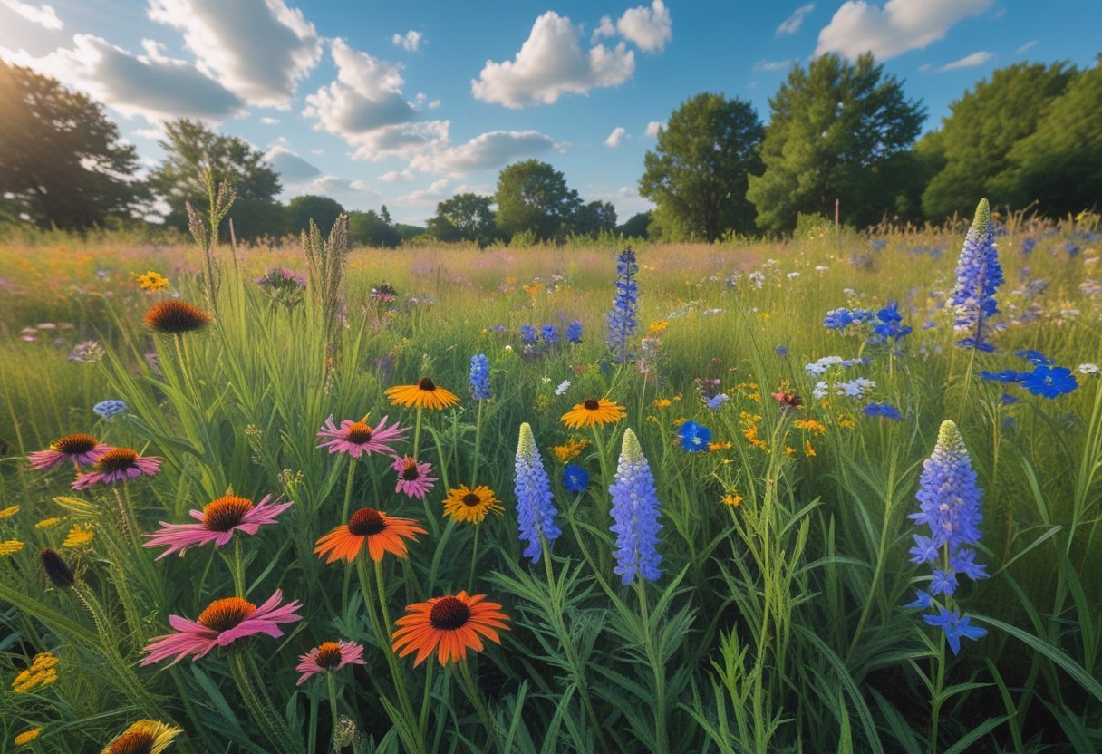 A colorful native wildflower meadow with various blooming flowers and tall grasses under a sunny sky.