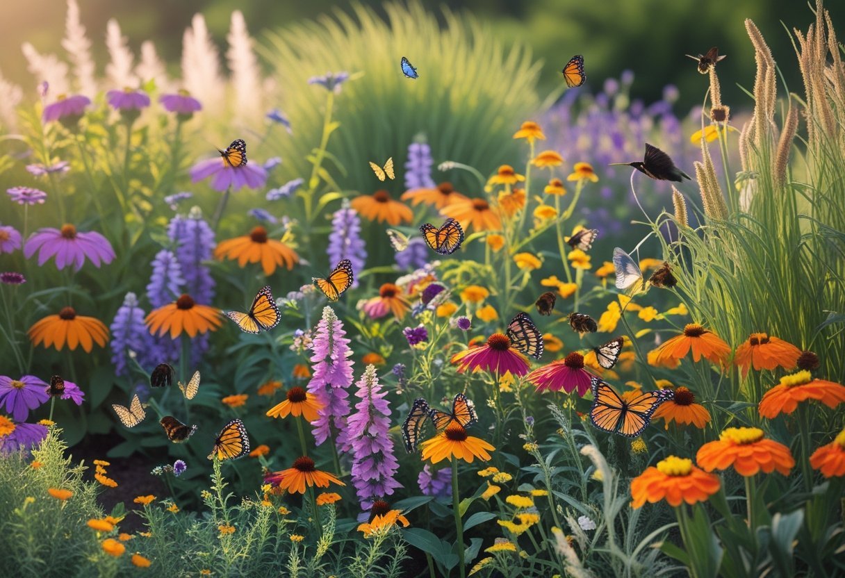 A colorful wildflower garden with butterflies, bees, and hummingbirds pollinating various blooming flowers.