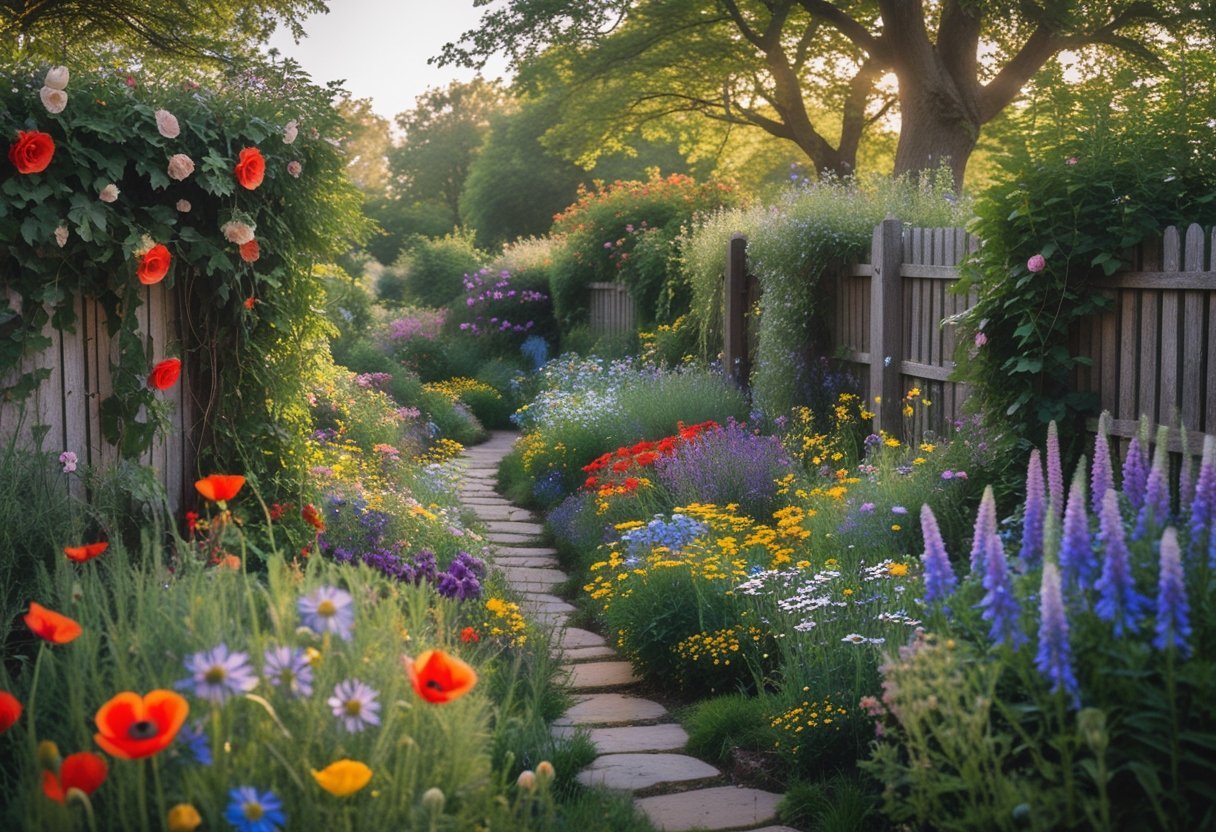 A colorful wildflower cottage garden with a stone path, wooden fence, and various blooming flowers surrounded by trees.