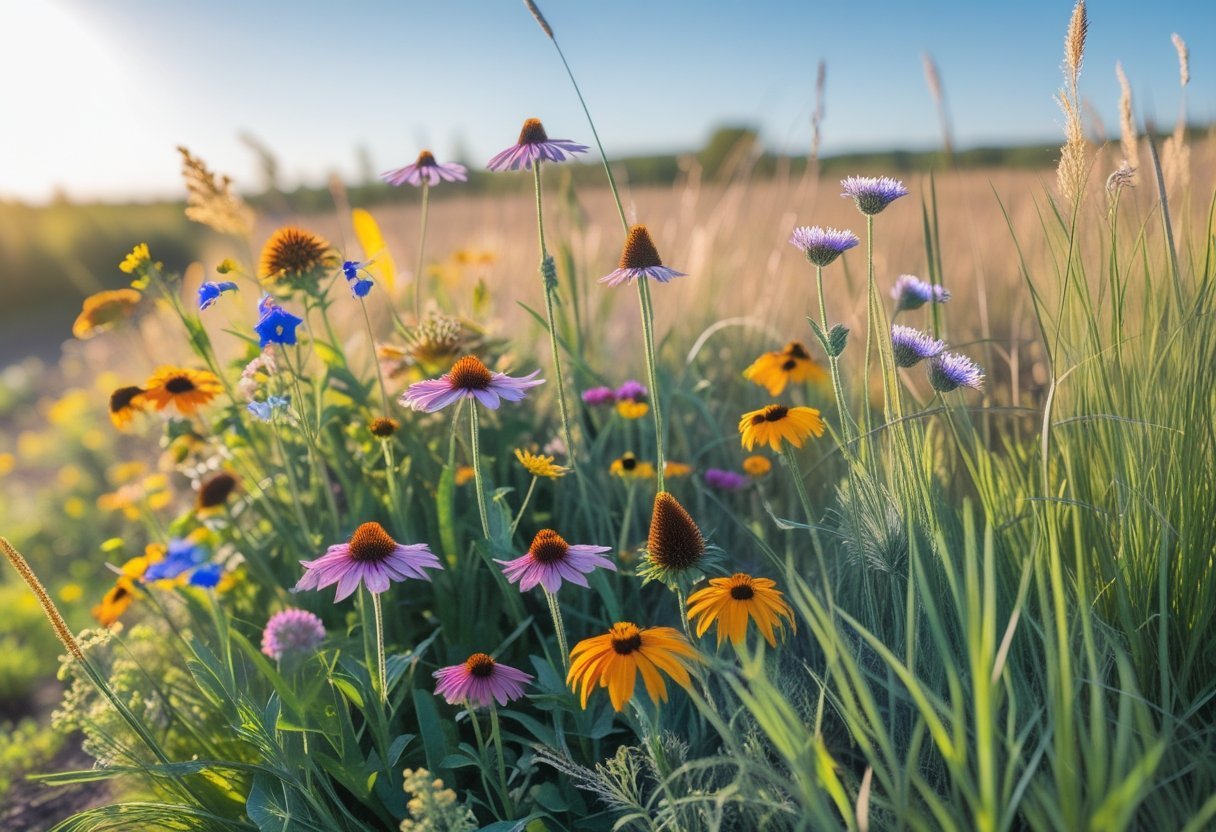 A colorful prairie wildflower garden with various blooming wildflowers and tall grasses under a clear blue sky.