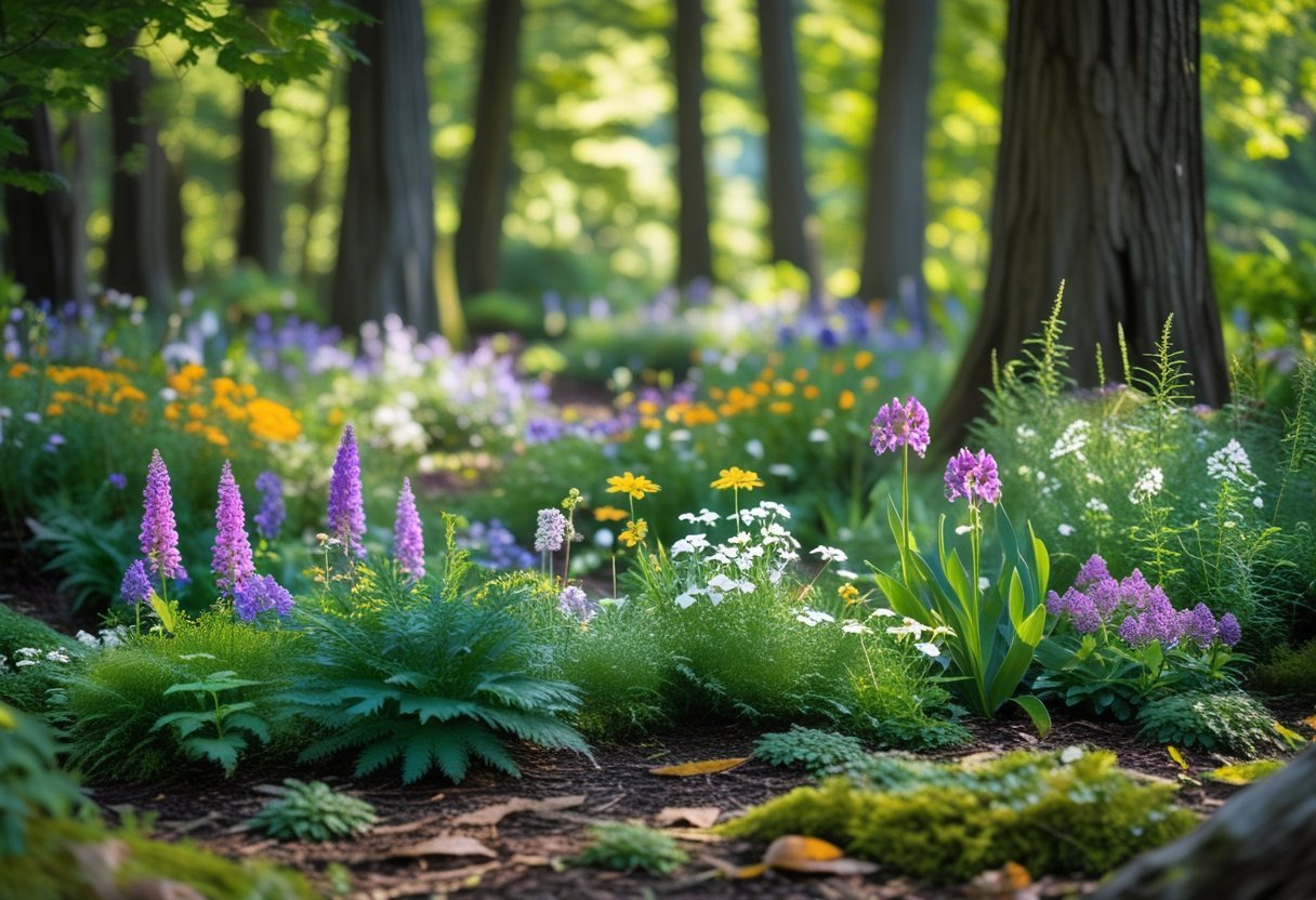 A shaded wildflower garden with colorful flowers, green foliage, and tall trees overhead.