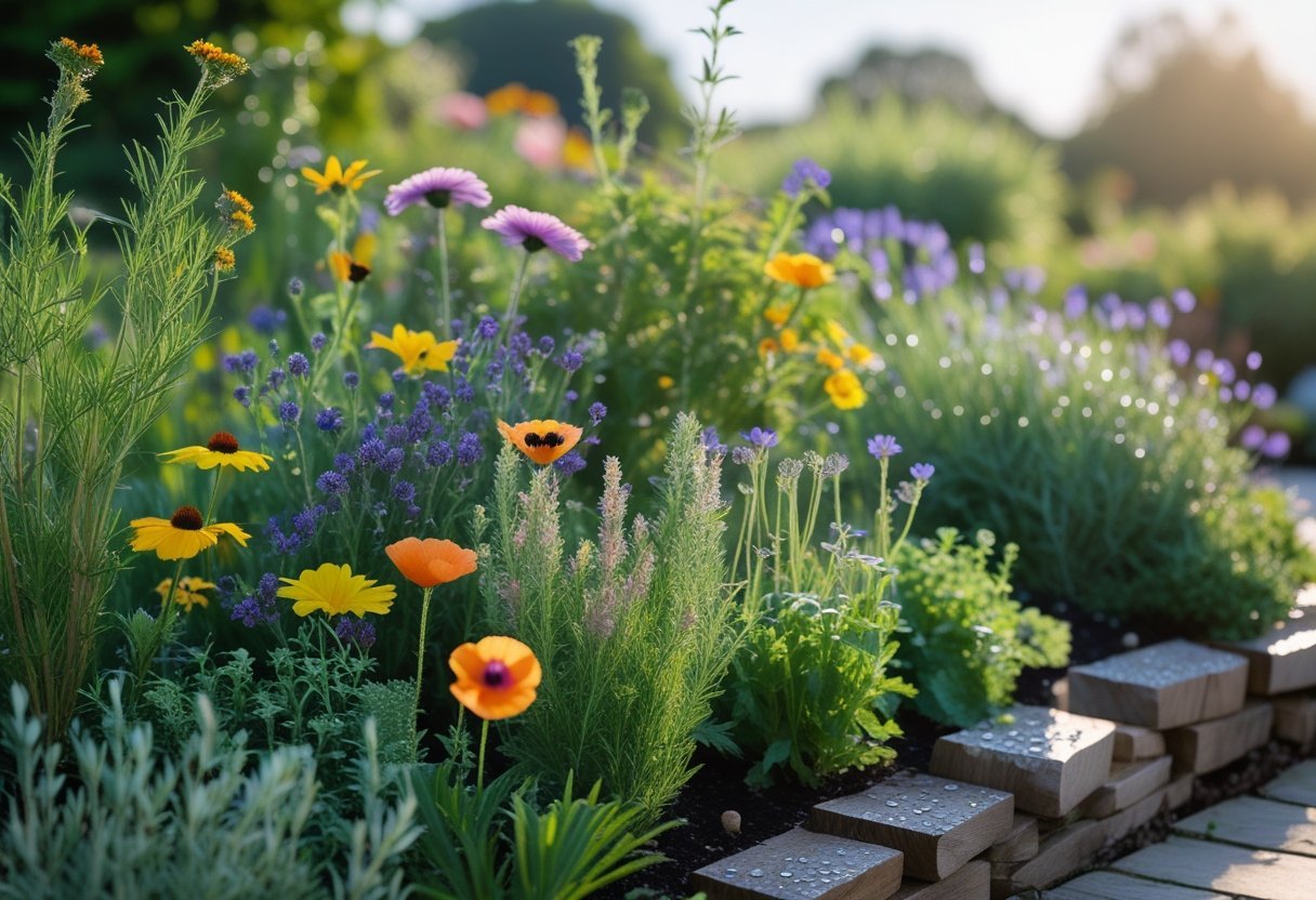 A colorful wildflower herb garden with various blooming flowers and green herbs, surrounded by wooden borders and stone pathways.