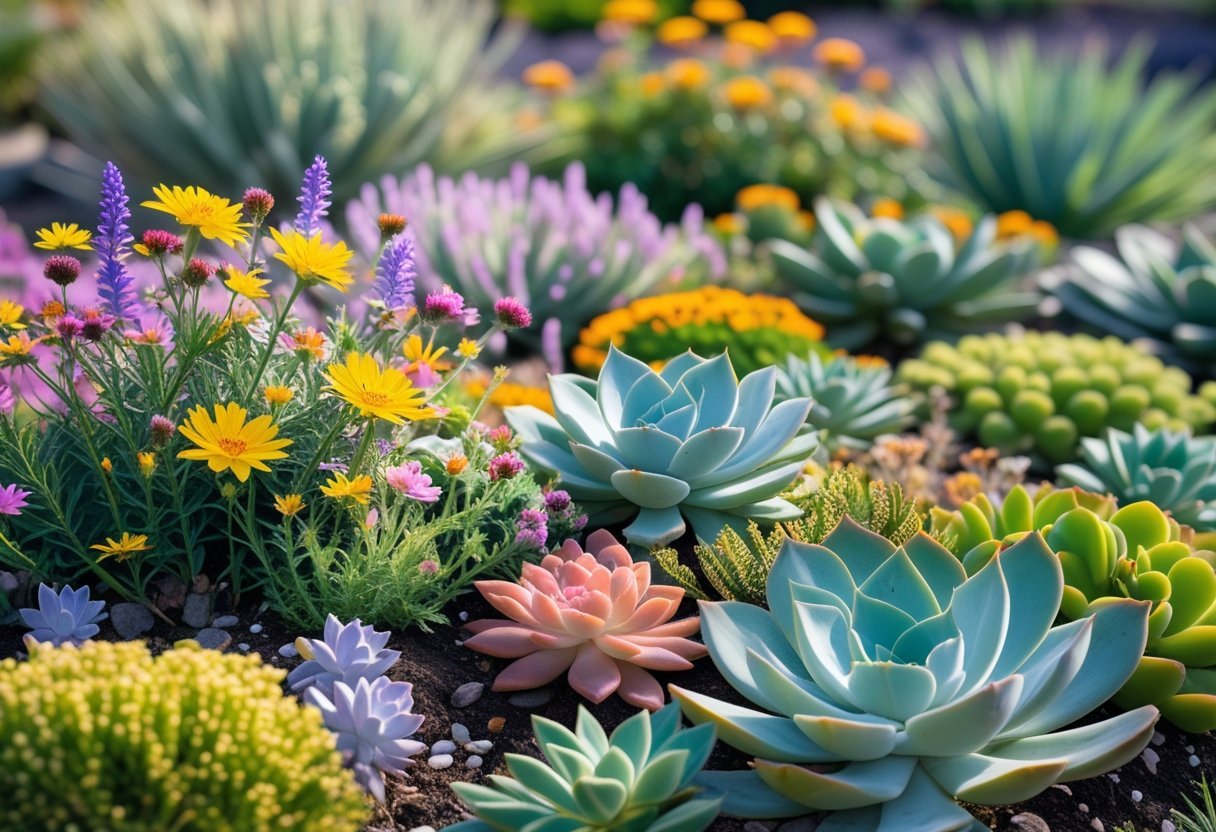 A garden filled with colorful wildflowers and green succulents in bright sunlight.