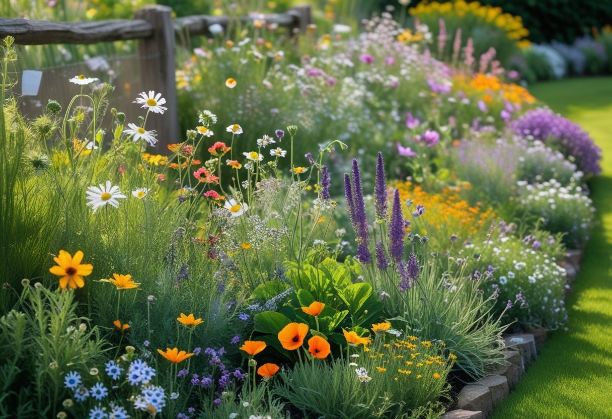 A colorful wildflower border garden with various blooming flowers and green foliage along a garden edge.