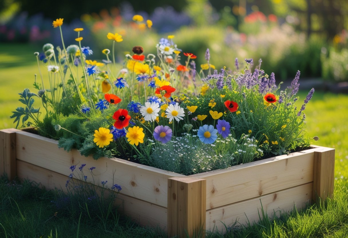 A raised wooden garden bed filled with colorful wildflowers in bloom surrounded by green grass.
