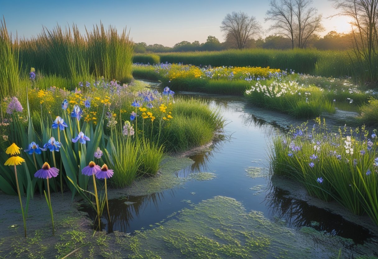 A wetland wildflower garden with colorful flowers, green grasses, reeds, and a shallow water body surrounded by cattails and trees.