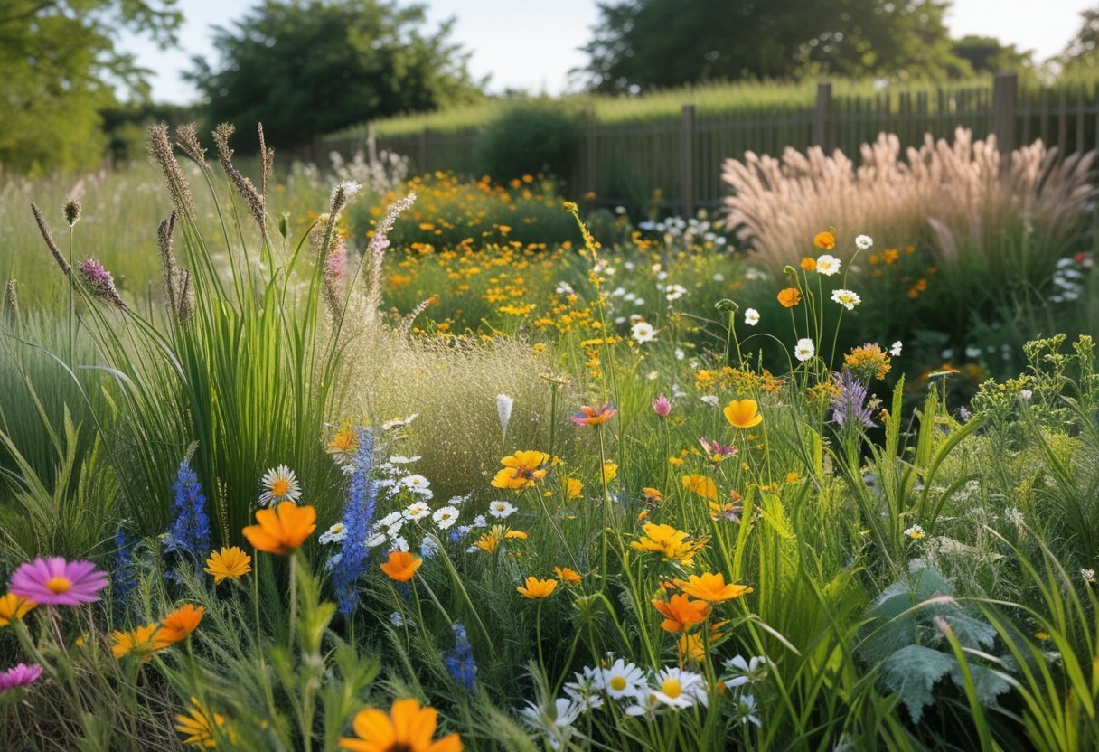 A colorful wildflower lawn with various blooming flowers and tall grasses under sunlight, bordered by a wooden fence in a garden setting.
