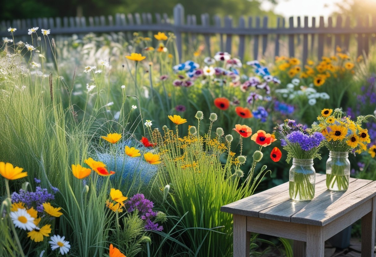 A colorful wildflower garden with various blooming flowers and a wooden fence in the background, with cut flowers in jars on a wooden table.