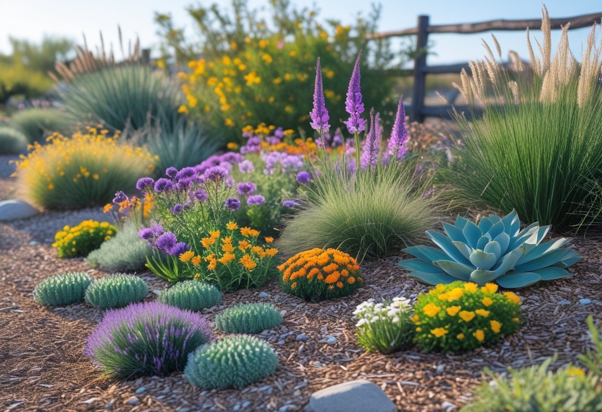 A colorful wildflower garden with various blooming flowers, succulents, and ornamental grasses under a clear blue sky.