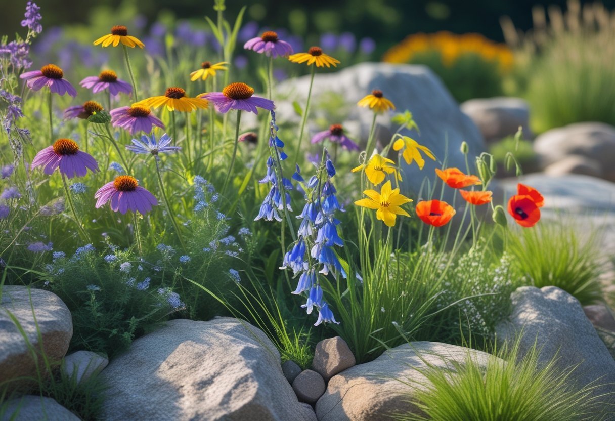 A colorful wildflower rock garden with various blooming flowers and natural rocks under sunlight.
