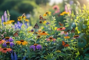 A wildflower garden with colorful flowers and butterflies resting on the plants under sunlight.