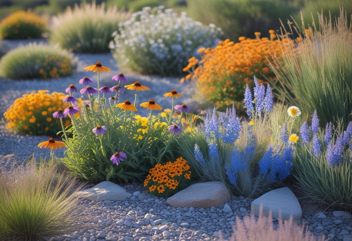 A colorful wildflower garden with drought-tolerant flowers growing in dry soil under a clear blue sky.