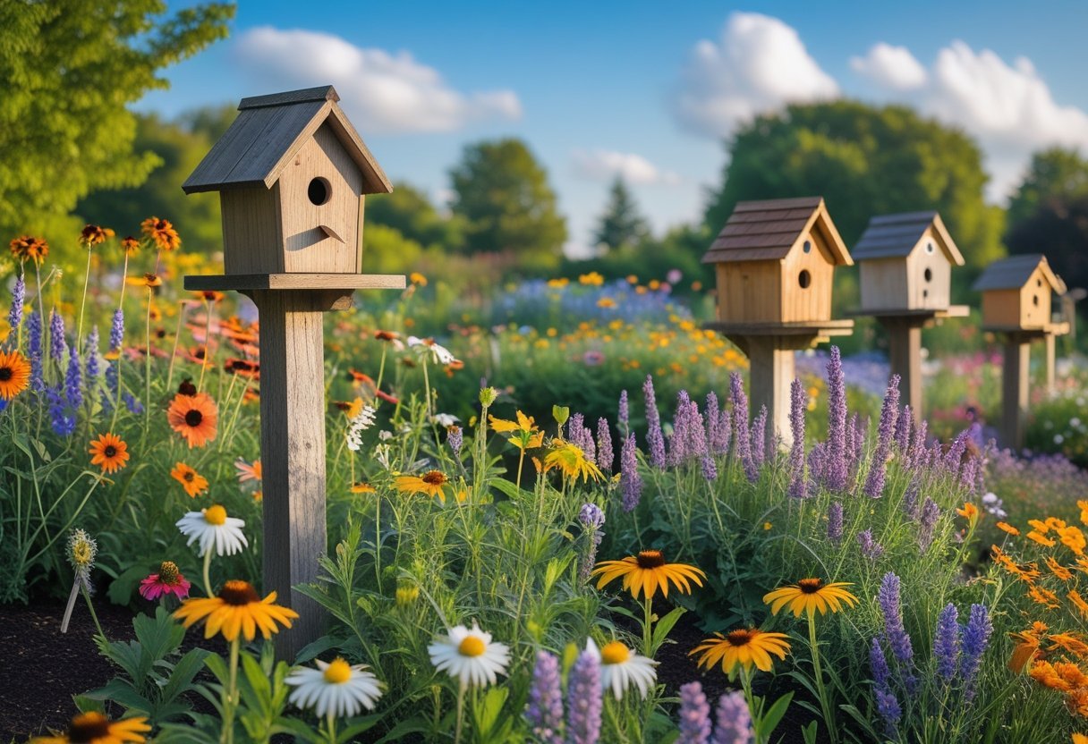 A colorful wildflower garden with various wooden birdhouses among blooming flowers under a blue sky.
