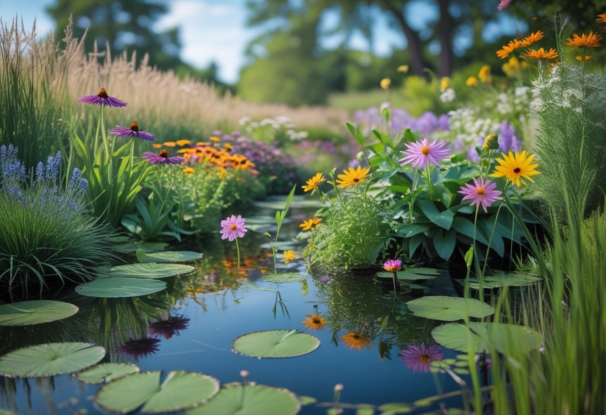 A peaceful wildflower garden surrounding a clear pond with colorful flowers and green plants.