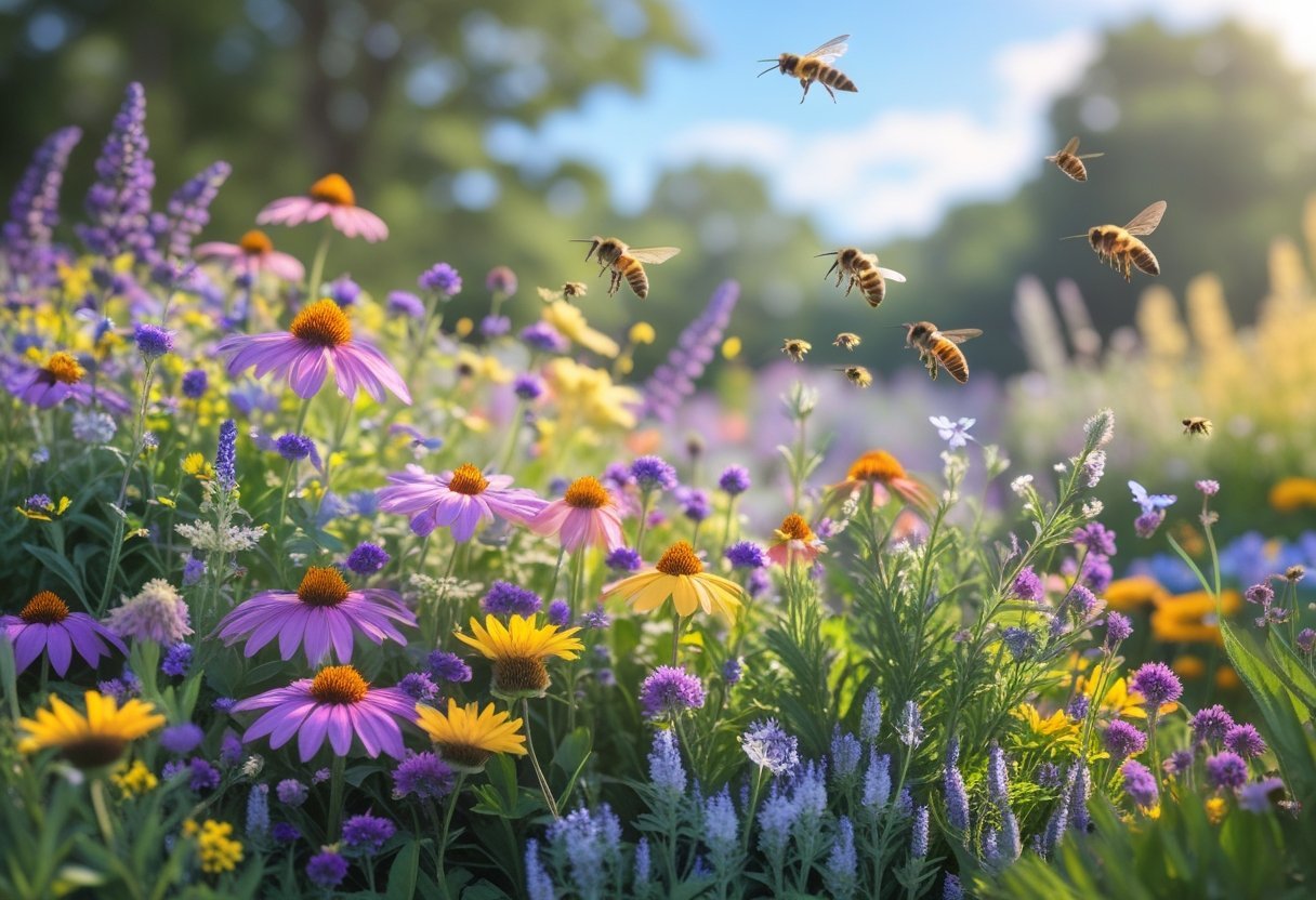 A colorful wildflower garden filled with blooming flowers and various pollinators like bees and butterflies.