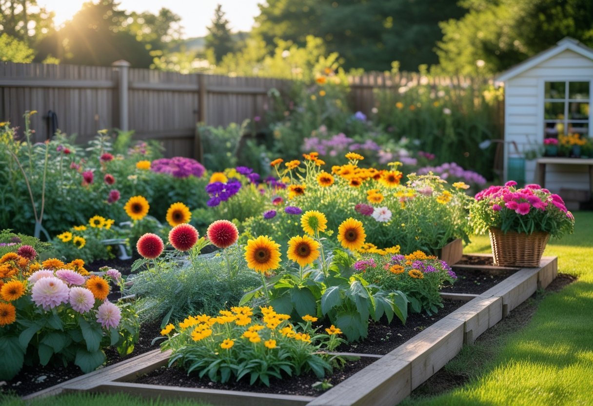 A backyard garden with colorful blooming flowers, a wooden fence, a garden shed, and a basket of freshly cut flowers on a bench.