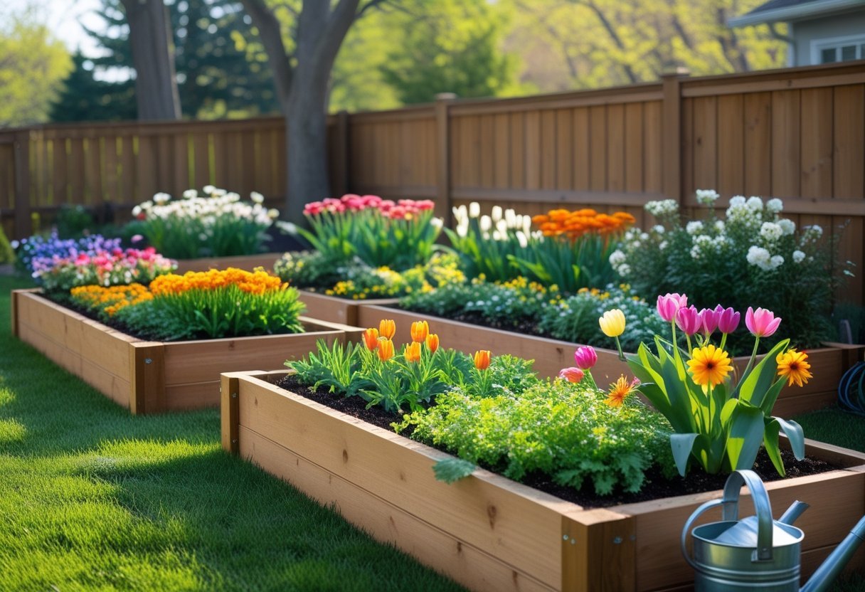 Raised wooden garden beds filled with colorful blooming flowers in a backyard with grass, trees, and a wooden fence.