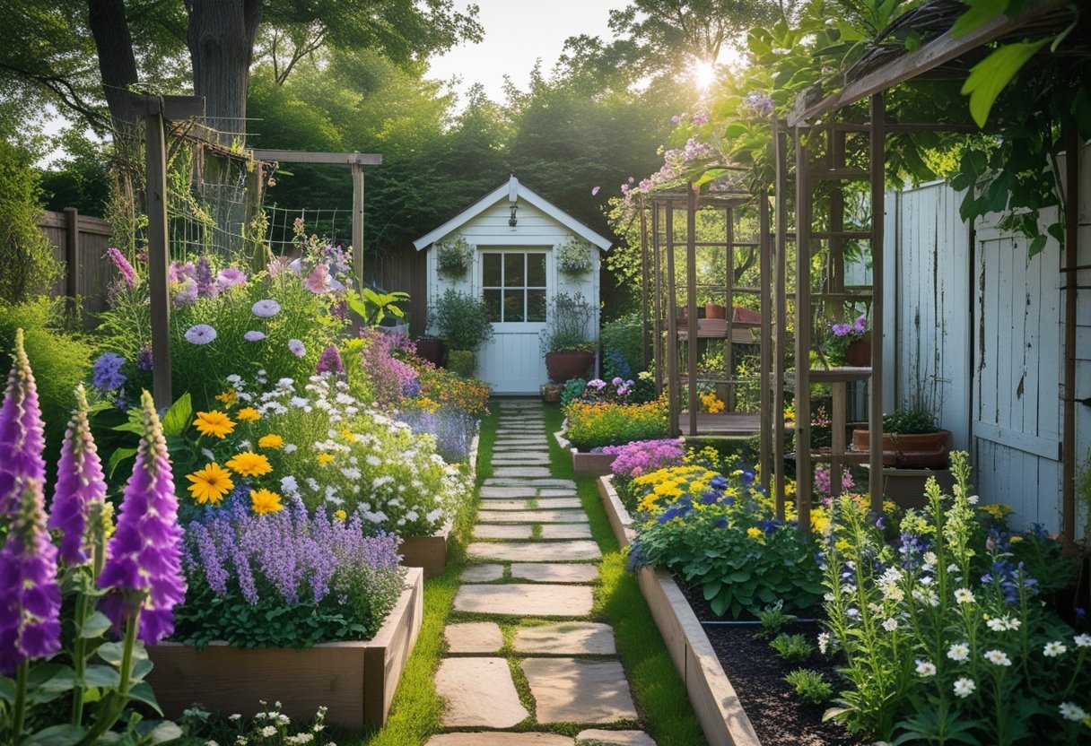 A backyard flower garden with colorful blooming flowers, a stone pathway, and a wooden garden shed surrounded by plants.