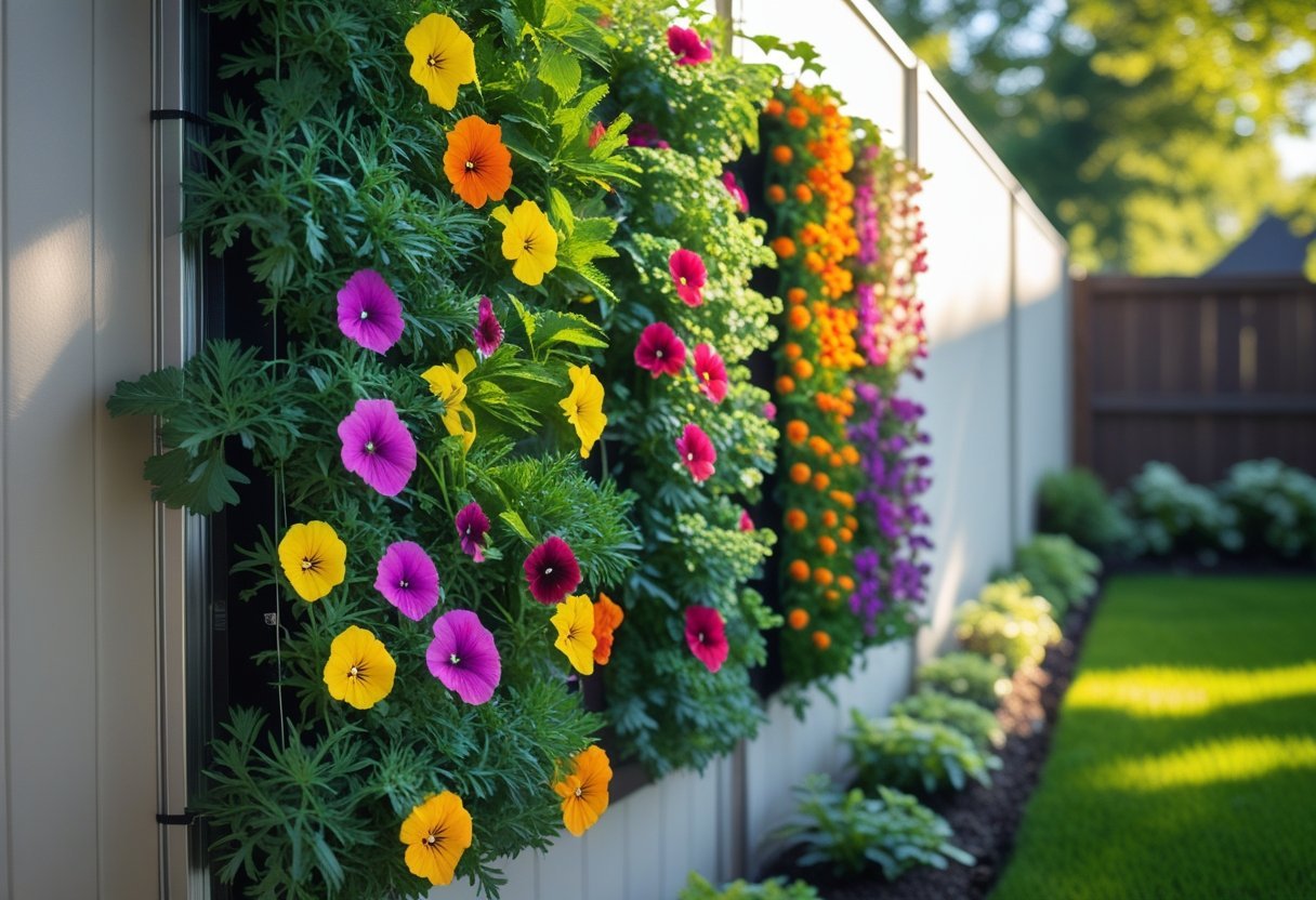 A backyard with a vertical flower garden wall covered in colorful blooming flowers and green leaves.