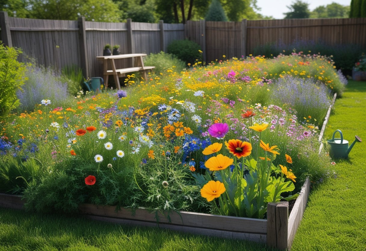 A backyard wildflower meadow patch filled with colorful blooming flowers and a wooden garden bench nearby.