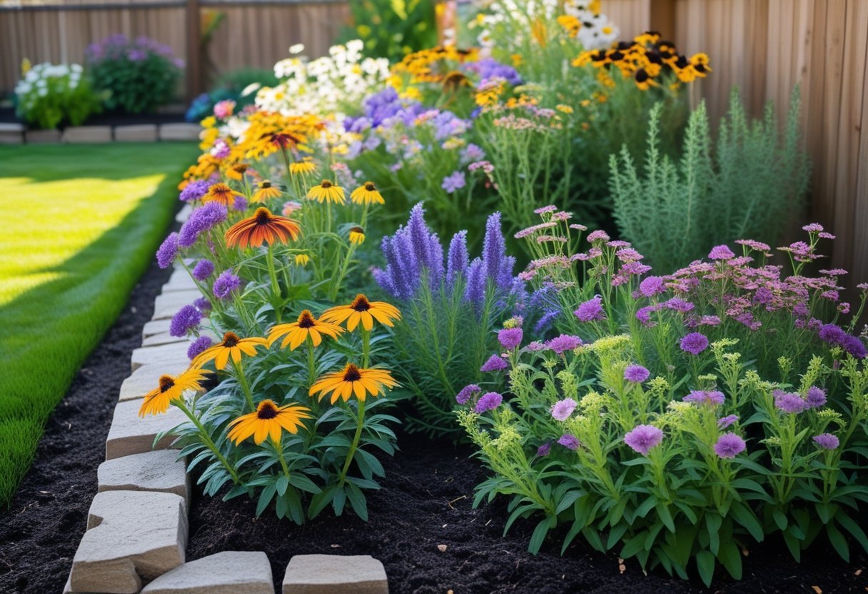 A backyard perennial border garden filled with colorful blooming flowers arranged for cutting, with a lawn and wooden fence in the background.