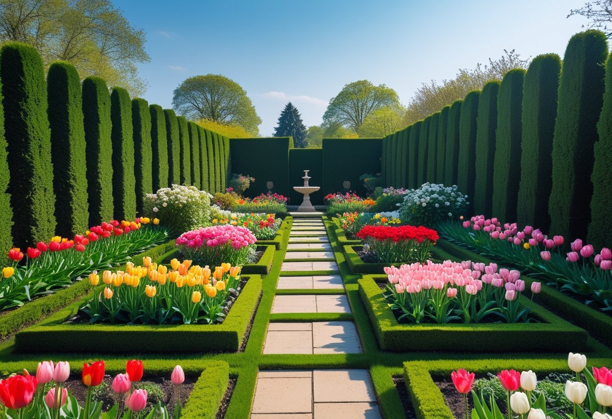A symmetrical backyard flower garden with neatly arranged flower beds filled with colorful blooming flowers and stone pathways leading to a central fountain.