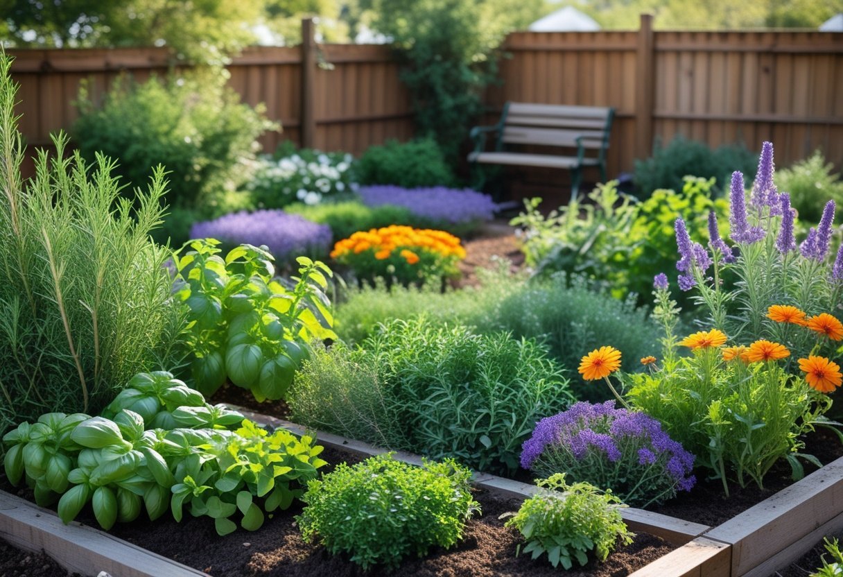 A backyard garden with a mix of green herbs and colorful flowering plants arranged in neat beds under natural sunlight.