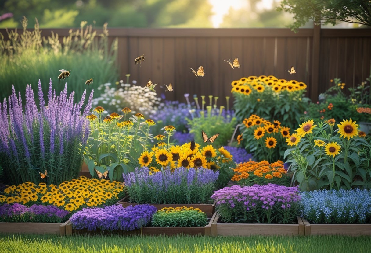 A backyard flower garden with colorful blooming flowers and pollinators like bees and butterflies visiting them.