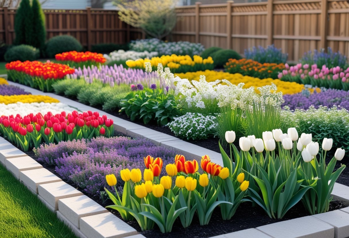 A backyard garden with neatly arranged flower beds in distinct color sections filled with various blooming cut flowers.