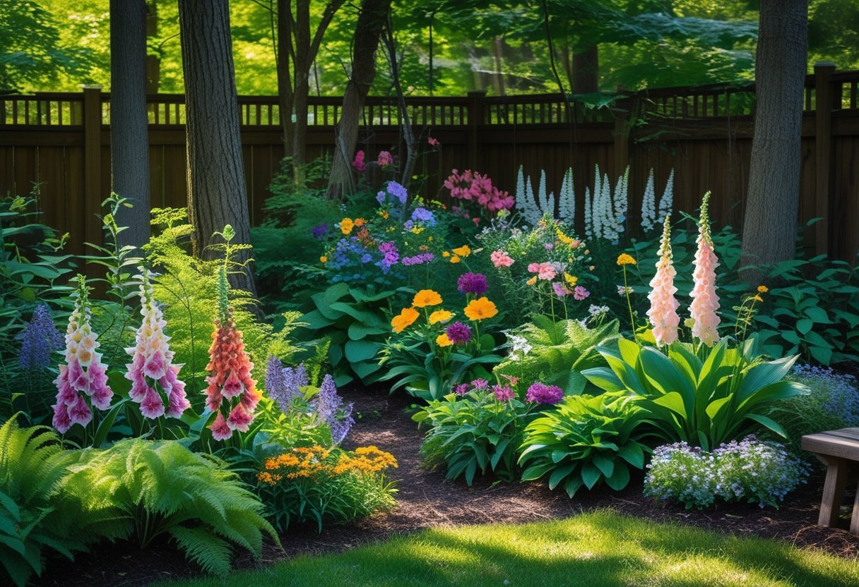A shaded backyard woodland flower garden with colorful cut flowers and green foliage under soft sunlight.